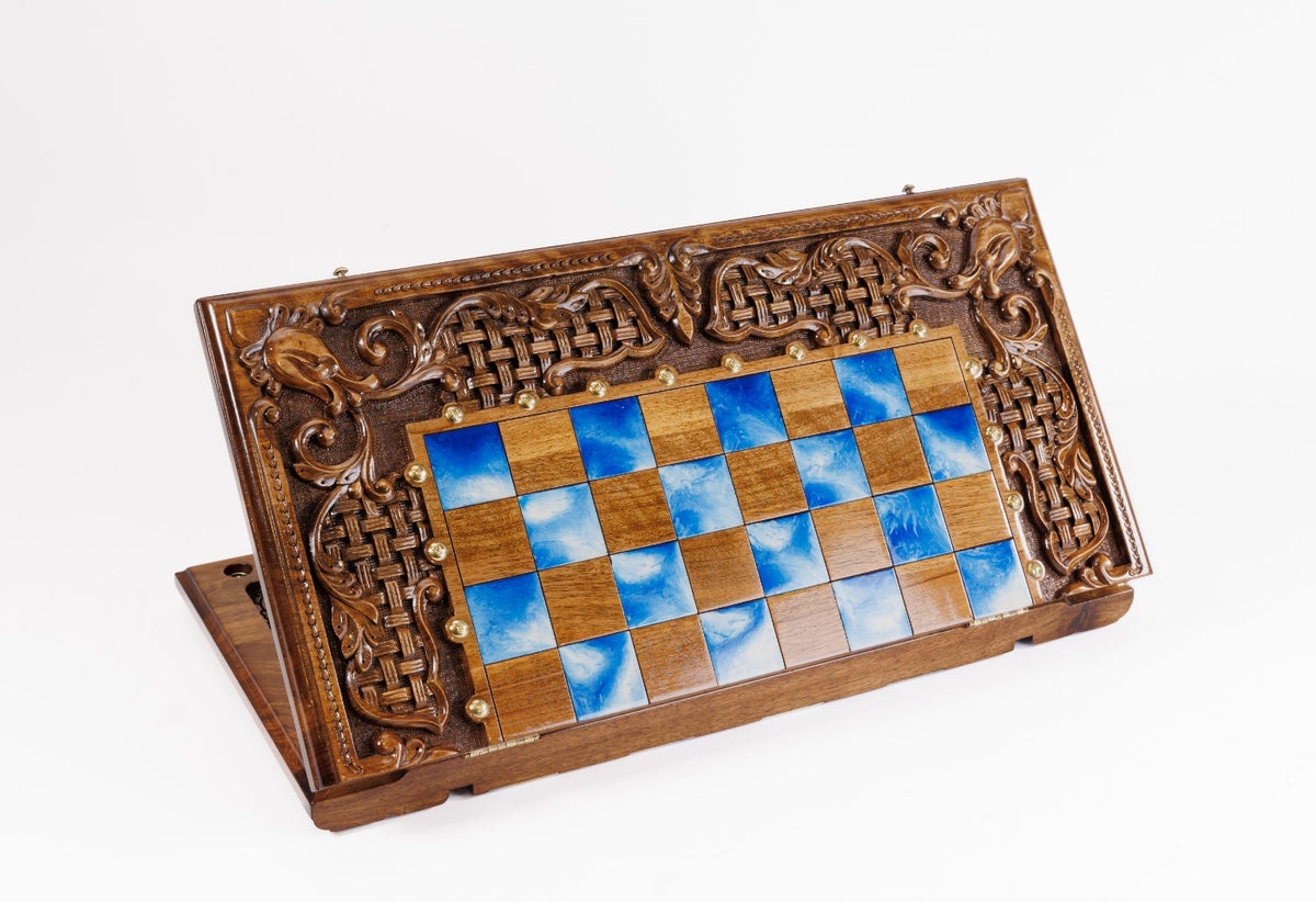 Handmade Walnut Chess and Backgammon Set with Ornamental Braid Pattern and Epoxy Resin, 60 cm - photo 4