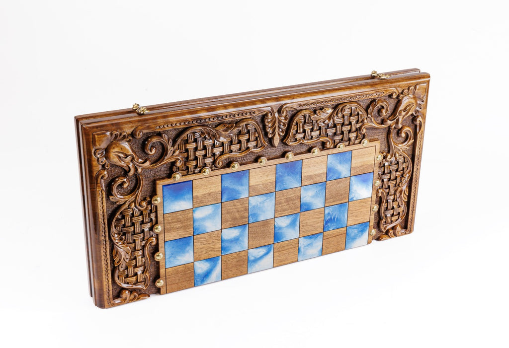 Handmade Walnut Chess and Backgammon Set with Ornamental Braid Pattern and Epoxy Resin, 60 cm - photo 7
