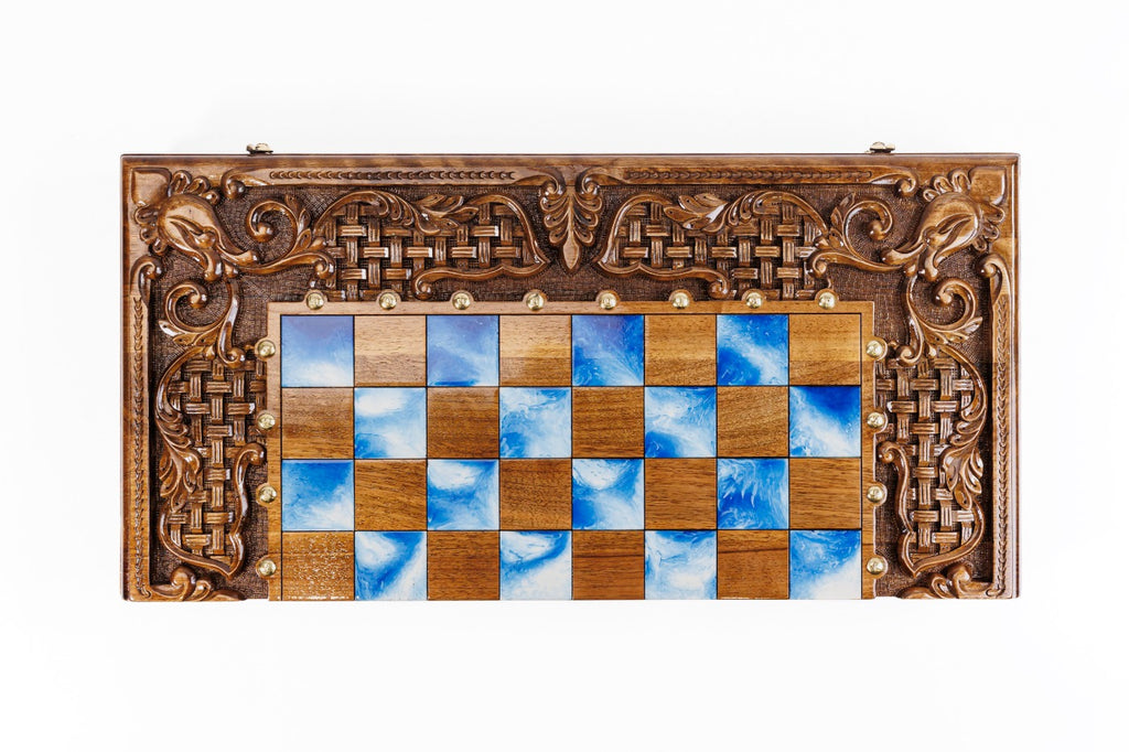 Handmade Walnut Chess and Backgammon Set with Ornamental Braid Pattern and Epoxy Resin, 60 cm - photo 8