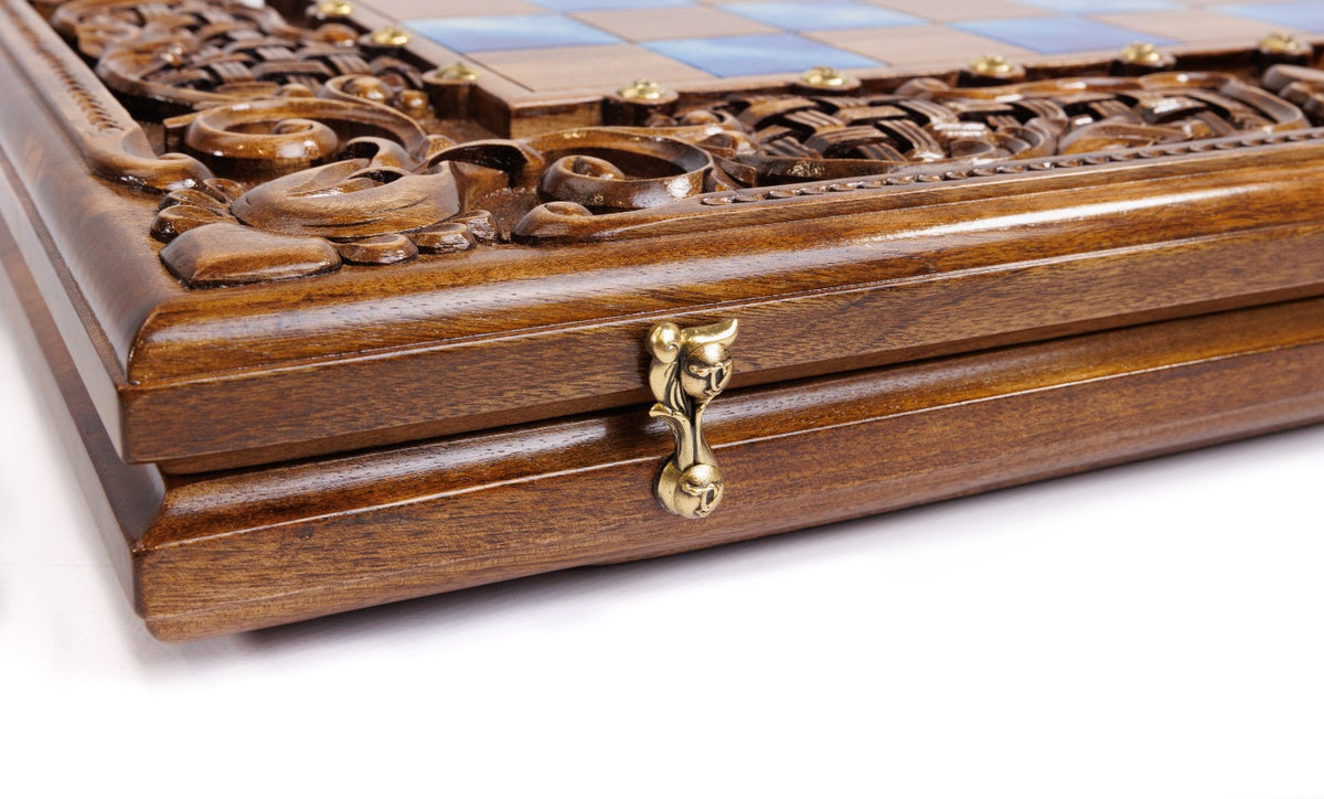 Handmade Walnut Chess and Backgammon Set with Ornamental Braid Pattern and Epoxy Resin, 60 cm - photo 11
