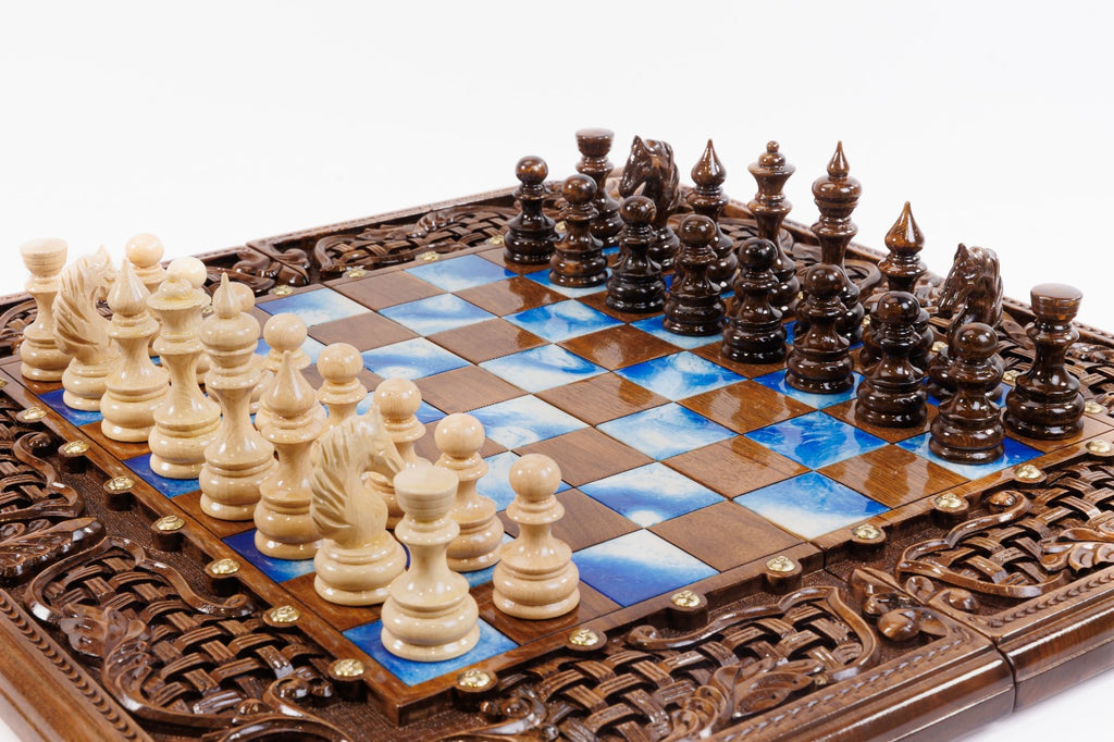 Handmade Walnut Chess and Backgammon Set with Ornamental Braid Pattern and Epoxy Resin, 60 cm - photo 2