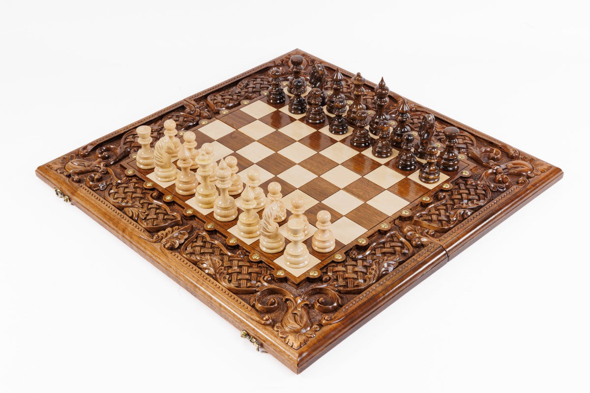 Handmade Walnut Chess and Backgammon Set with Ornamental Braid Pattern and Epoxy Resin, 60 cm (Model 32207.)