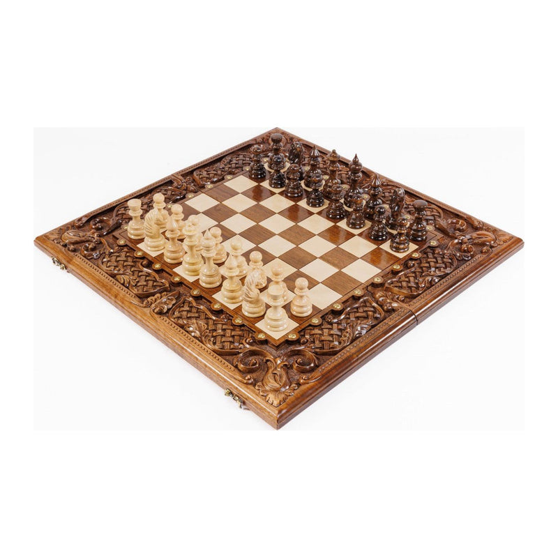 Handmade Walnut Chess and Backgammon Set with Ornamental Braid Pattern and Epoxy Resin, 60 cm (Model 32207.)