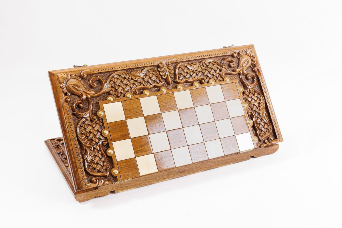 Handmade Walnut Chess and Backgammon Set with Ornamental Braid Pattern and Epoxy Resin, 60 cm - photo 8