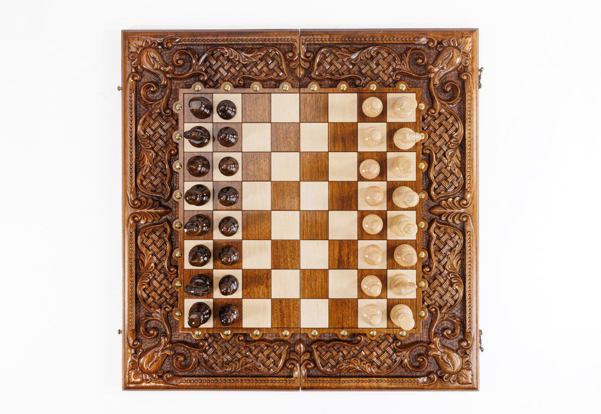 Handmade Walnut Chess and Backgammon Set with Ornamental Braid Pattern and Epoxy Resin, 60 cm - photo 6