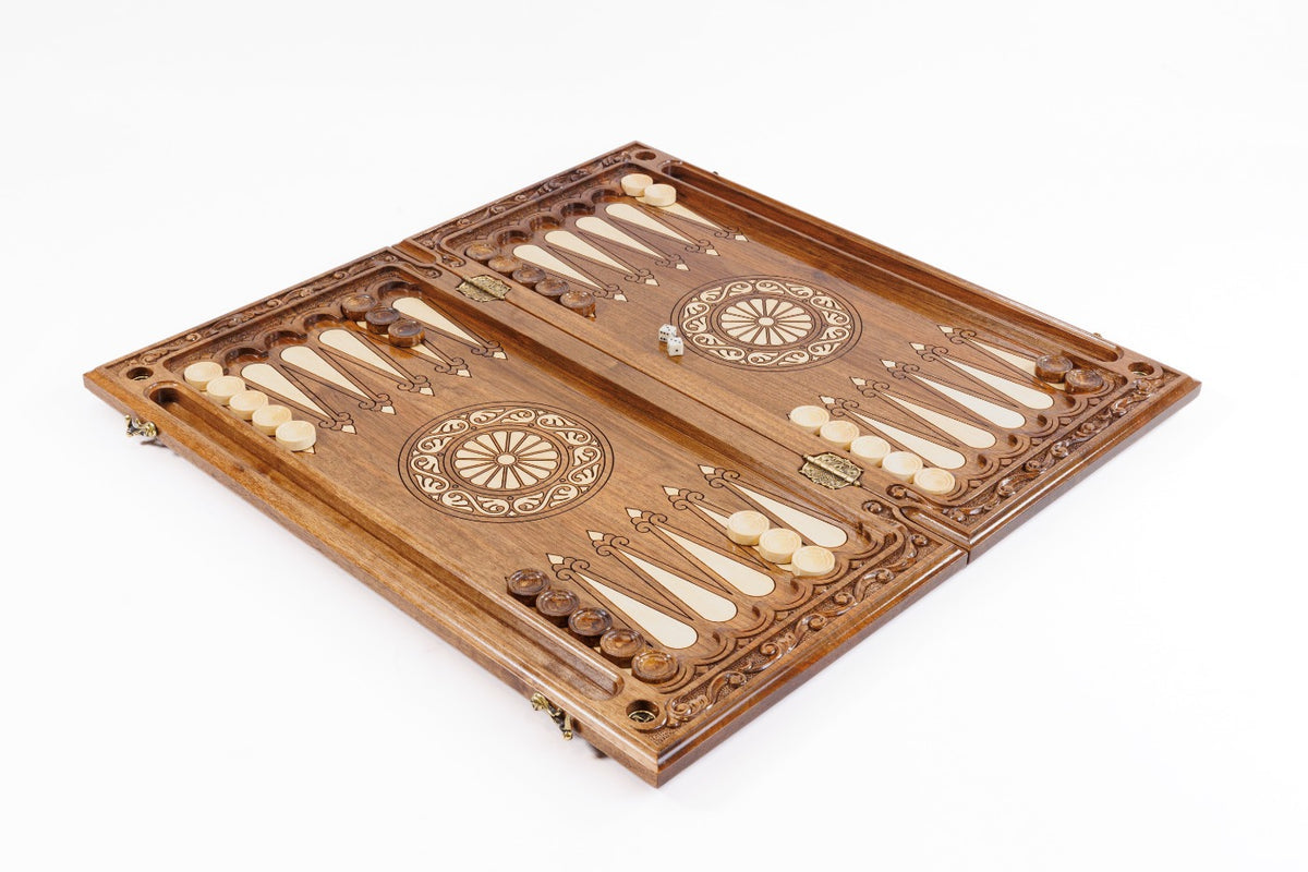 Handmade Walnut Chess and Backgammon Set with Ornamental Braid Pattern and Epoxy Resin, 60 cm - photo 3