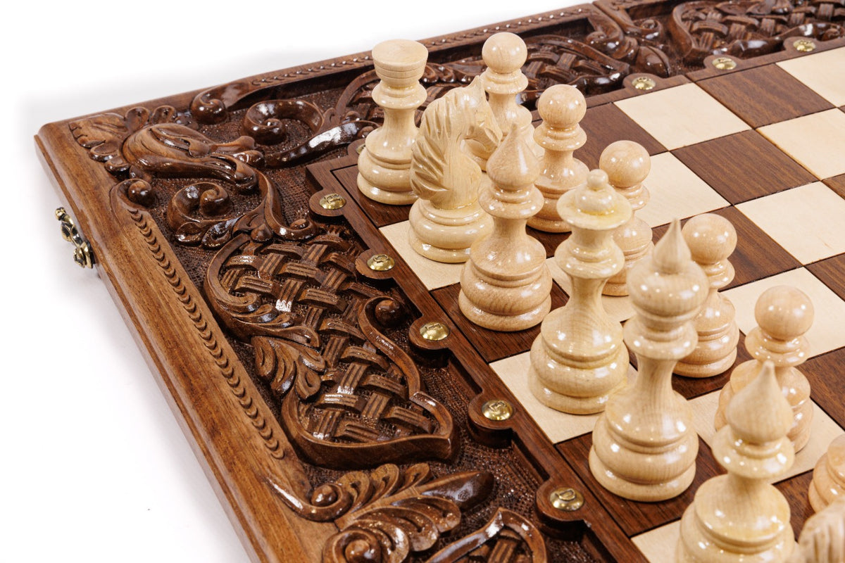 Handmade Walnut Chess and Backgammon Set with Ornamental Braid Pattern and Epoxy Resin, 60 cm - photo 12