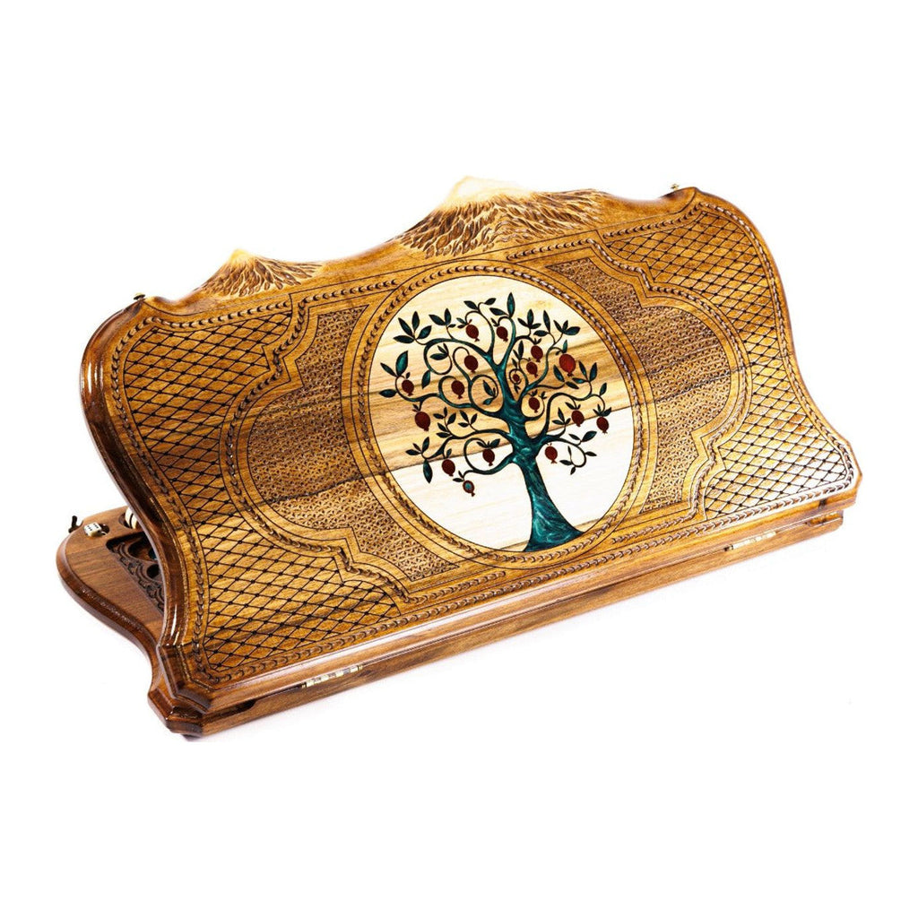 Handmade Walnut Backgammon Set with Pomegranate Tree and Ararat Outline, 60 cm