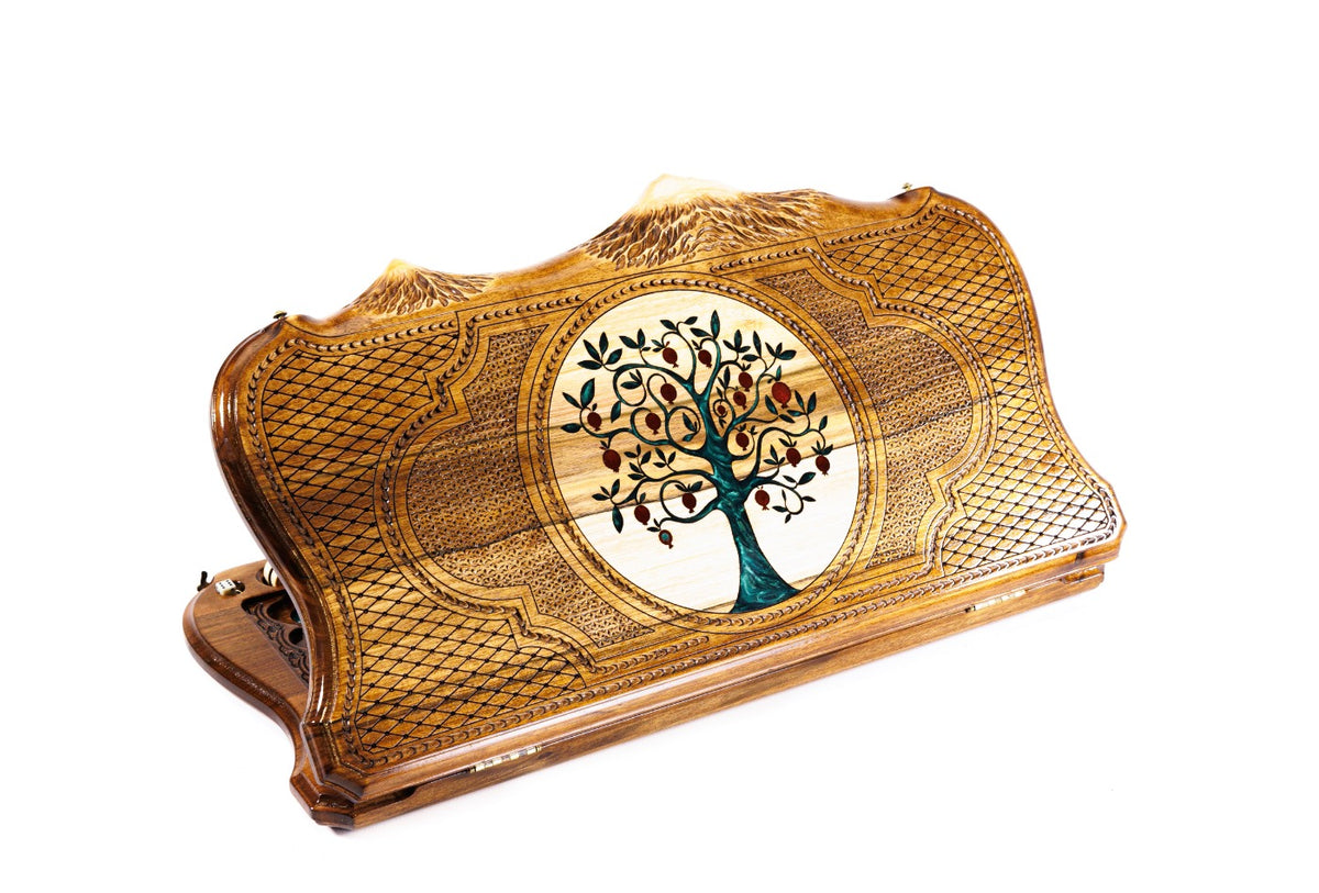 Handmade Walnut Backgammon Set with Pomegranate Tree and Ararat Outline, 60 cm