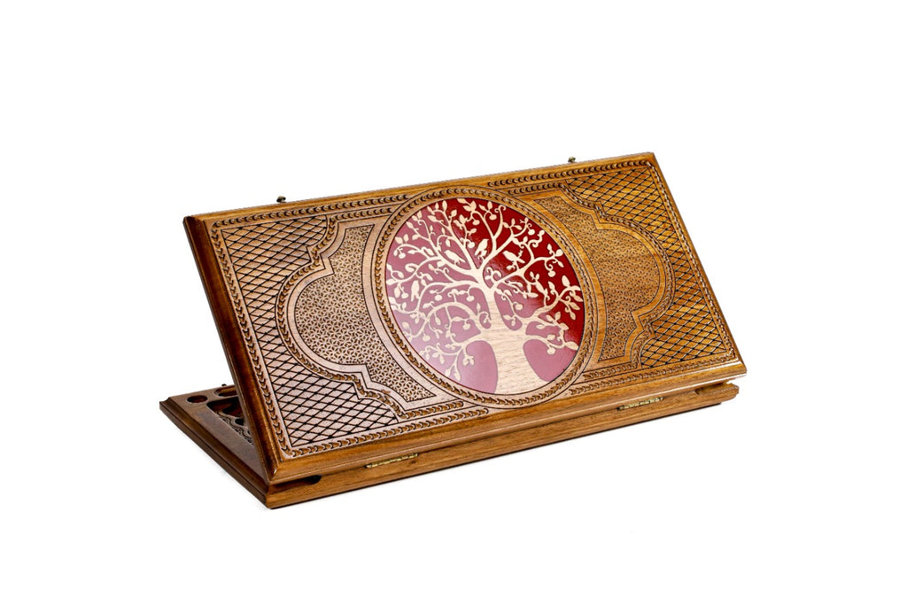 Handmade Walnut Backgammon Set with Epoxy Trees, 50 cm (Model 12634-1)