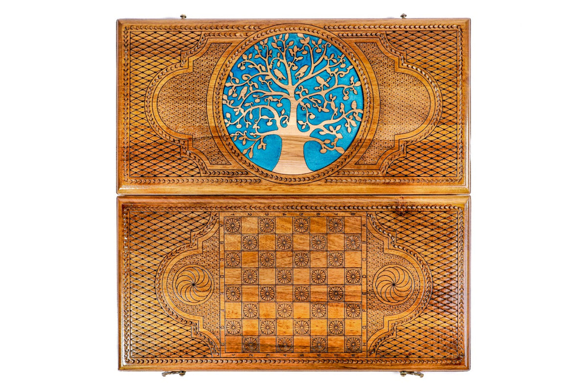 Handmade Walnut Backgammon Set with Epoxy Trees, 50 cm - photo 7