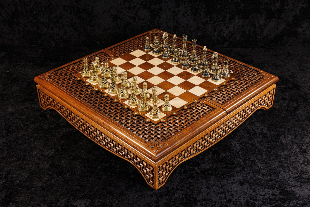 Handmade Walnut Box-Style Chess Set, 60 cm