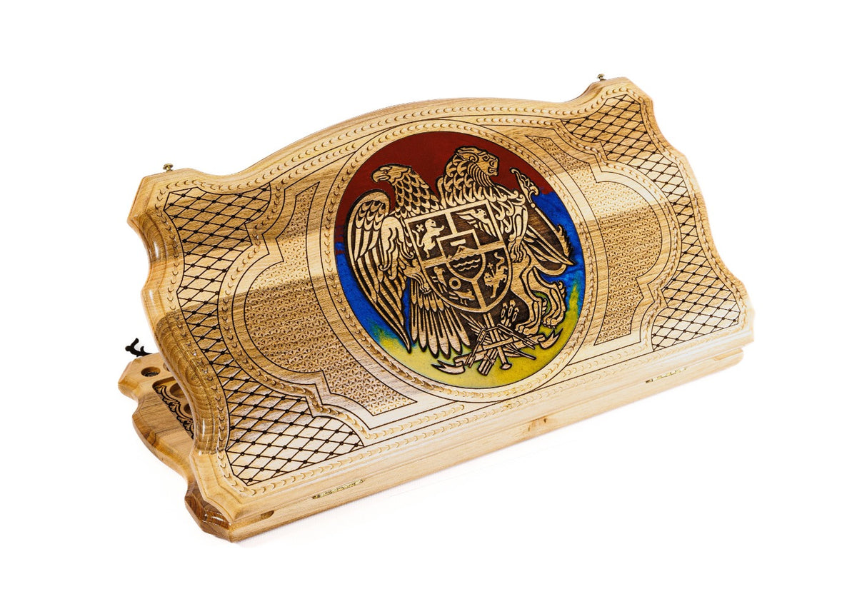 Handmade Walnut Backgammon Set with Armenian Coat of Arms and Epoxy Resin, 60 cm