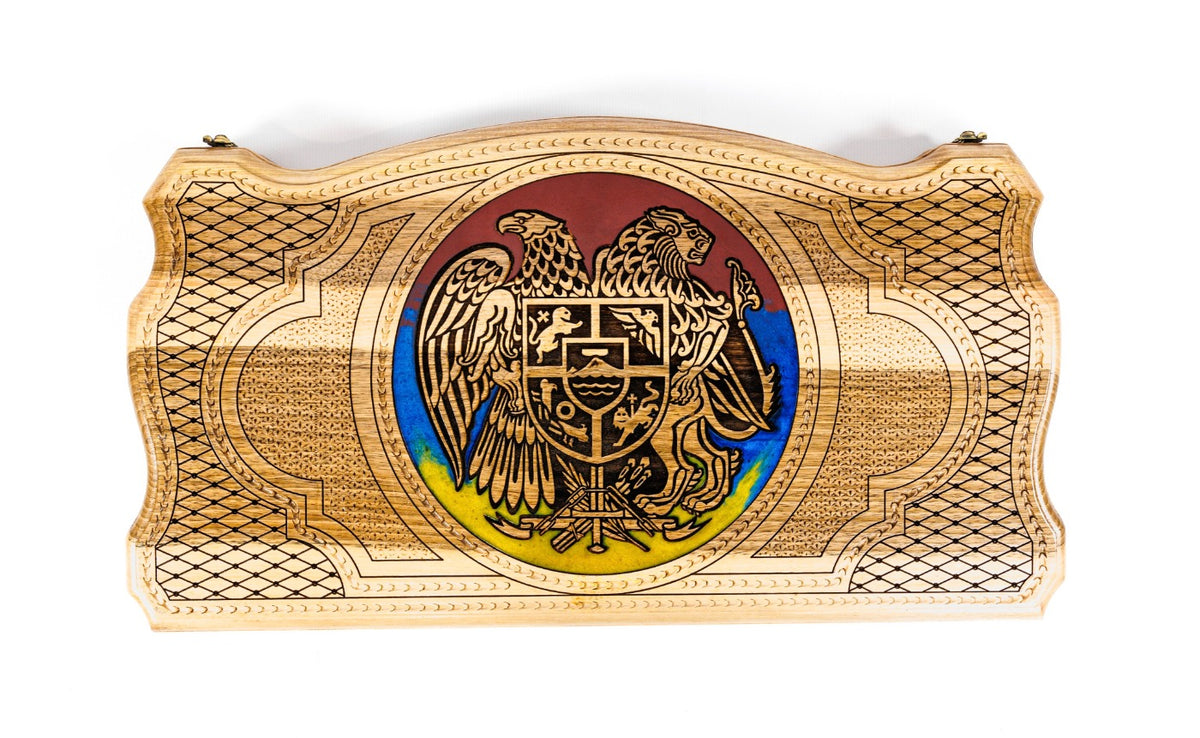 Handmade Walnut Backgammon Set with Armenian Coat of Arms and Epoxy Resin, 60 cm - photo 5