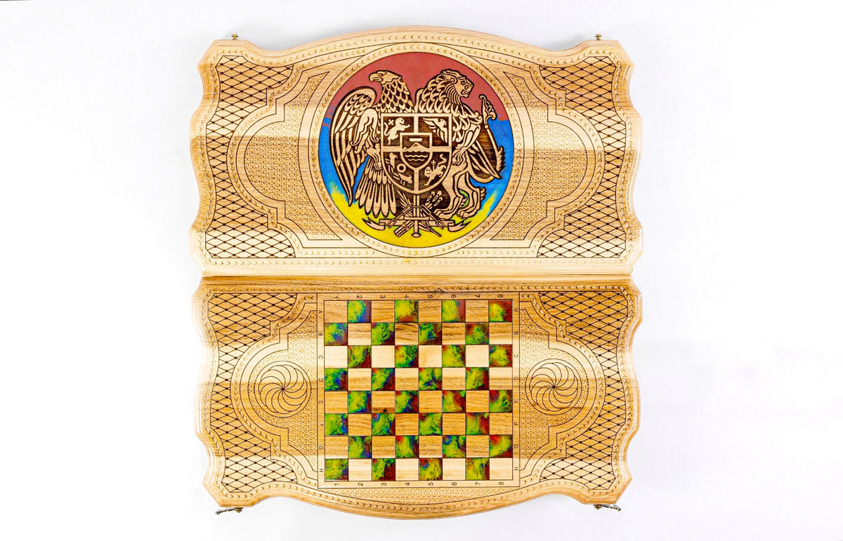 Handmade Walnut Backgammon Set with Armenian Coat of Arms and Epoxy Resin, 60 cm - photo 7