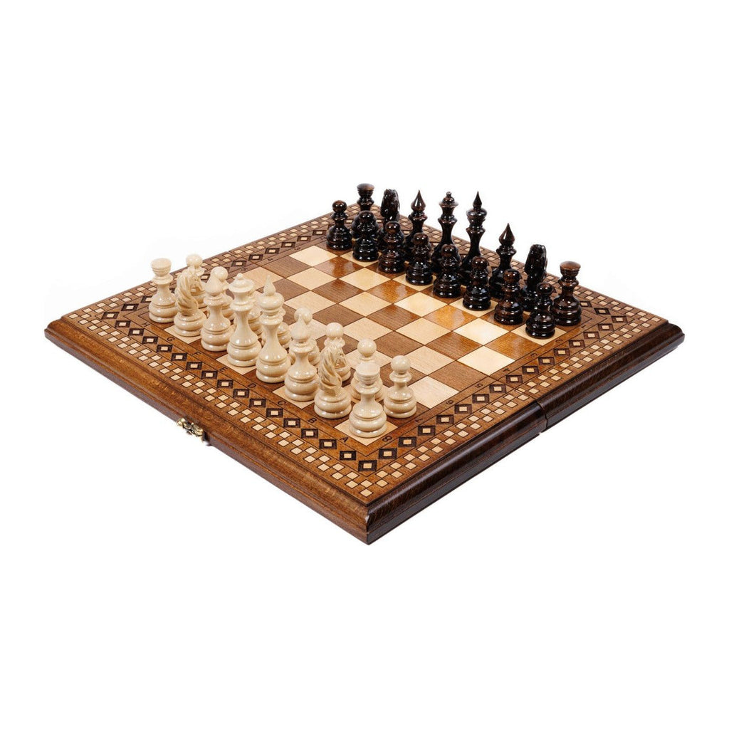 Handmade Wooden Chess and Backgammon Set with Carpet Pattern, 40 cm