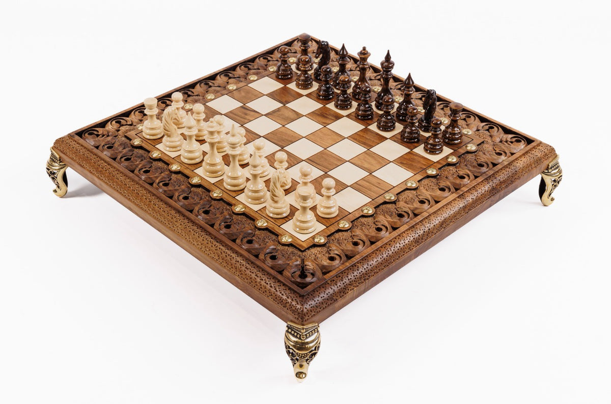 Handmade Walnut Square Chess Set with Bronze Legs, 40 cm (Model 22715)