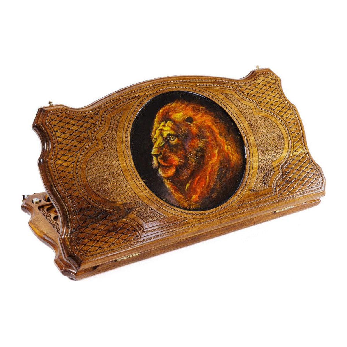 Handmade Walnut Backgammon Set with Lion Oil Painting, 60 cm