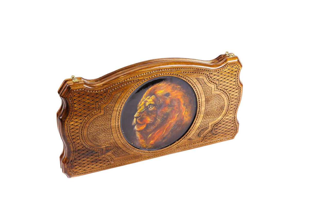 Handmade Walnut Backgammon Set with Lion Oil Painting, 60 cm - photo 6