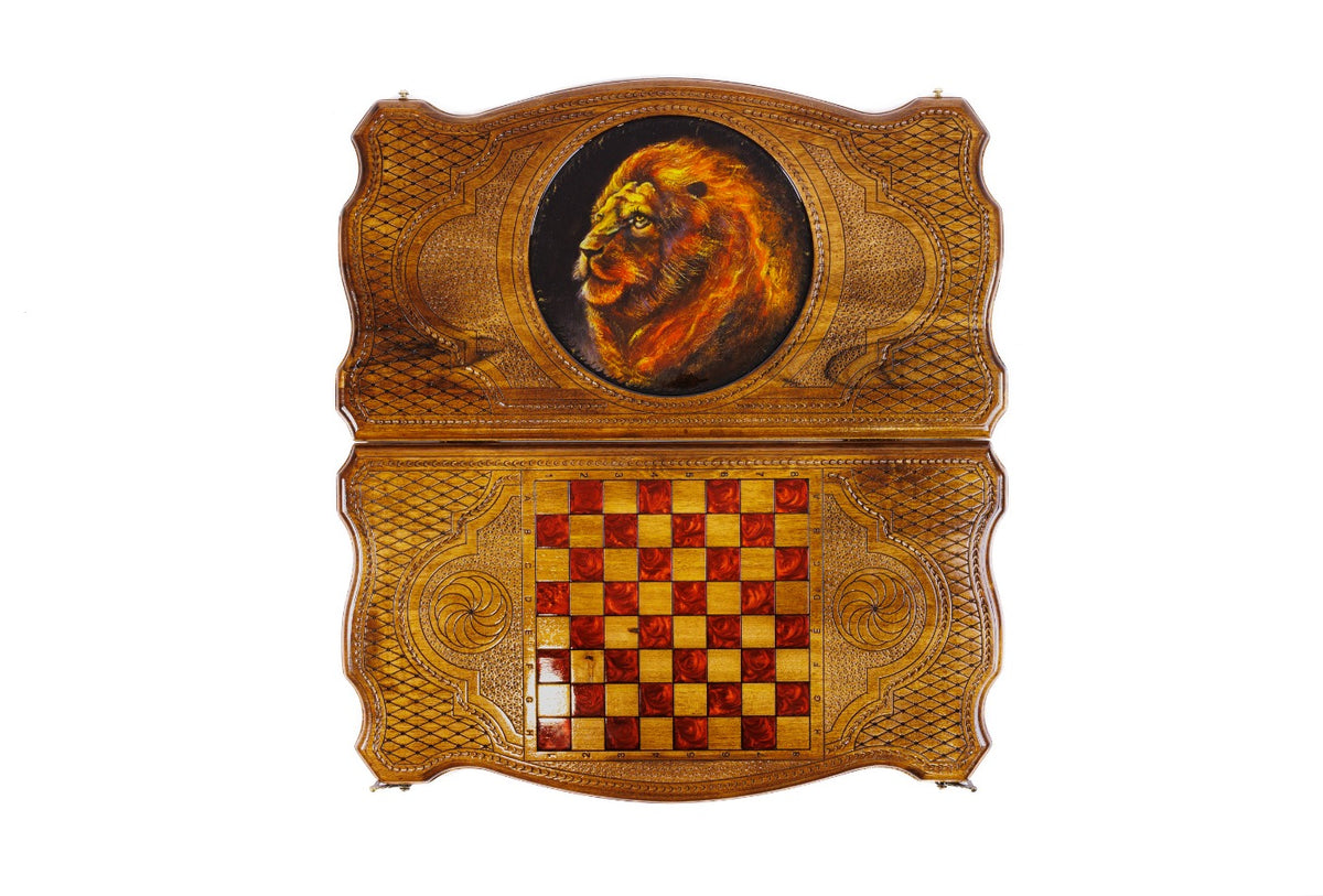Handmade Walnut Backgammon Set with Lion Oil Painting, 60 cm - photo 9
