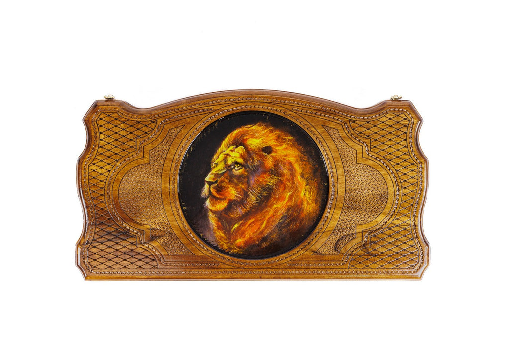Handmade Walnut Backgammon Set with Lion Oil Painting, 60 cm - photo 5