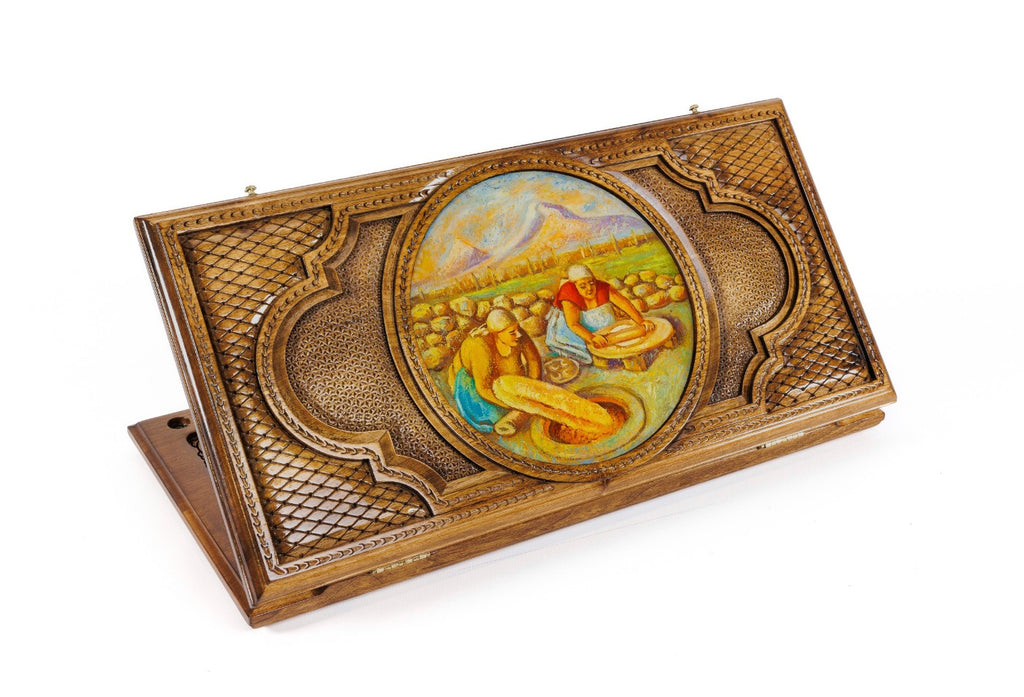 Handmade Walnut Backgammon Set with Oil Painting, 60 cm (Model 12203 Tandir)