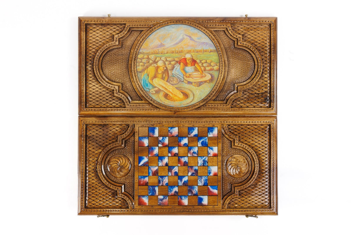 Handmade Walnut Backgammon Set with Oil Painting, 60 cm - photo 9