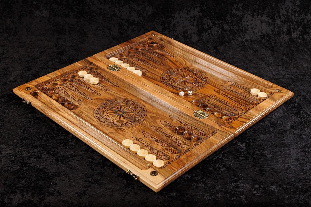 Handmade Walnut Chess and Backgammon Set with Ornamental Braid Pattern and Epoxy Resin, 60 cm - photo 3