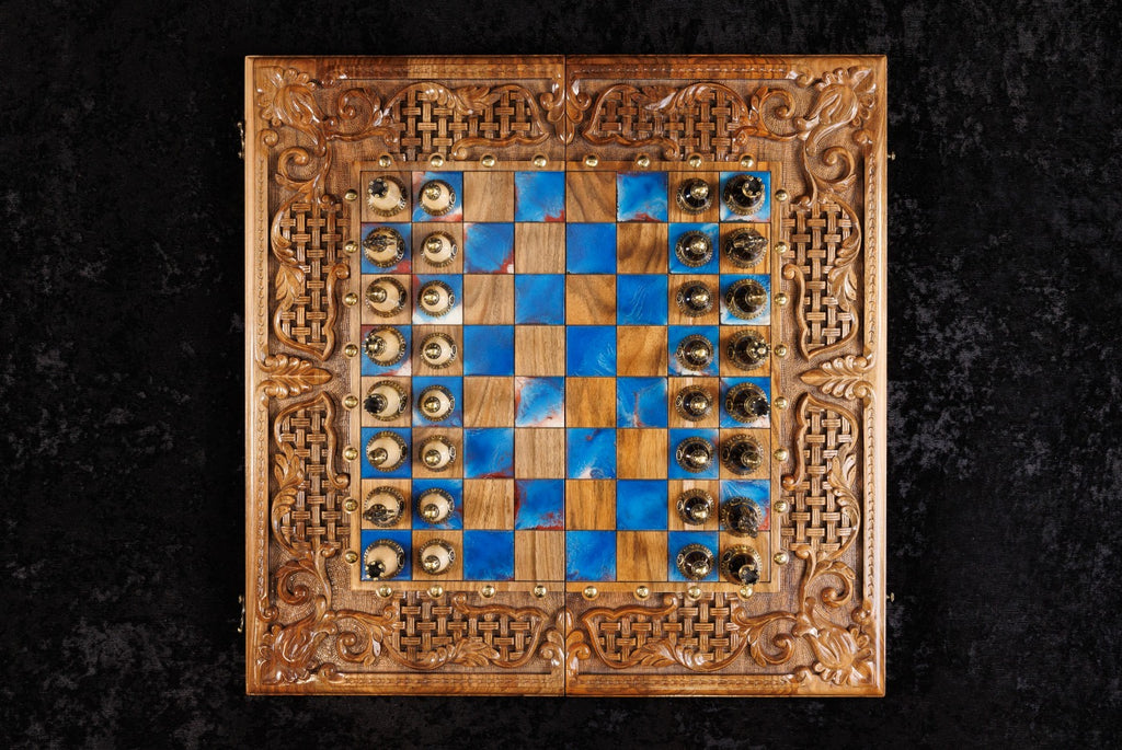 Handmade Walnut Chess and Backgammon Set with Ornamental Braid Pattern and Epoxy Resin, 60 cm - photo 11