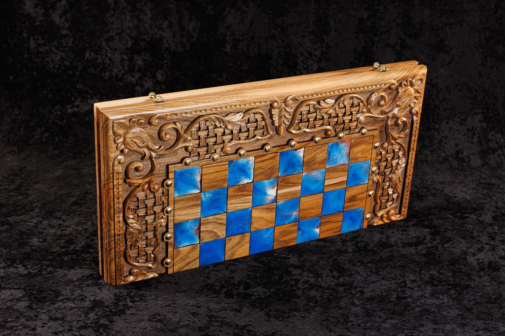 Handmade Walnut Chess and Backgammon Set with Ornamental Braid Pattern and Epoxy Resin, 60 cm - photo 6