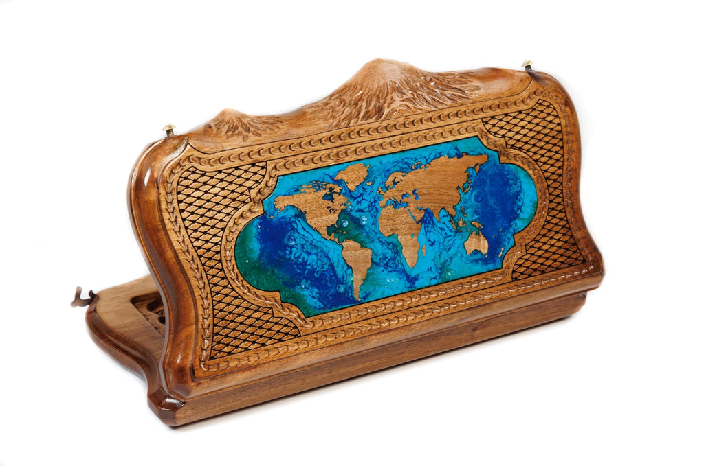 Handmade Walnut Backgammon Set with World Map and Ararat Outline, 30 cm