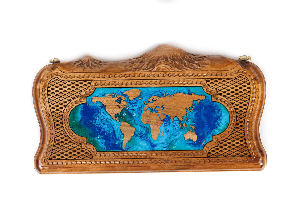 Handmade Walnut Backgammon Set with World Map and Ararat Outline, 30 cm - photo 7