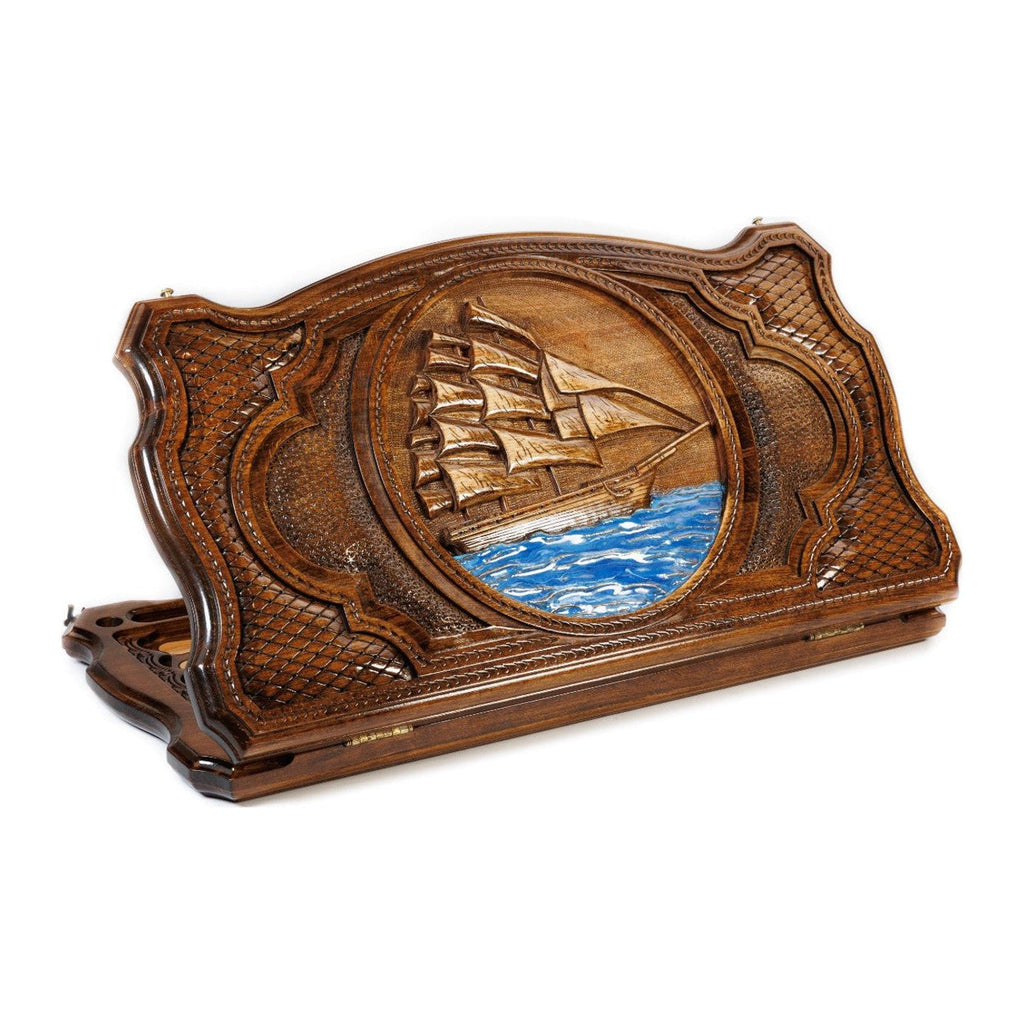 Backgammon Set with Ship, 60 cm – handmade wooden nardi board by Hrachya Ohanyan