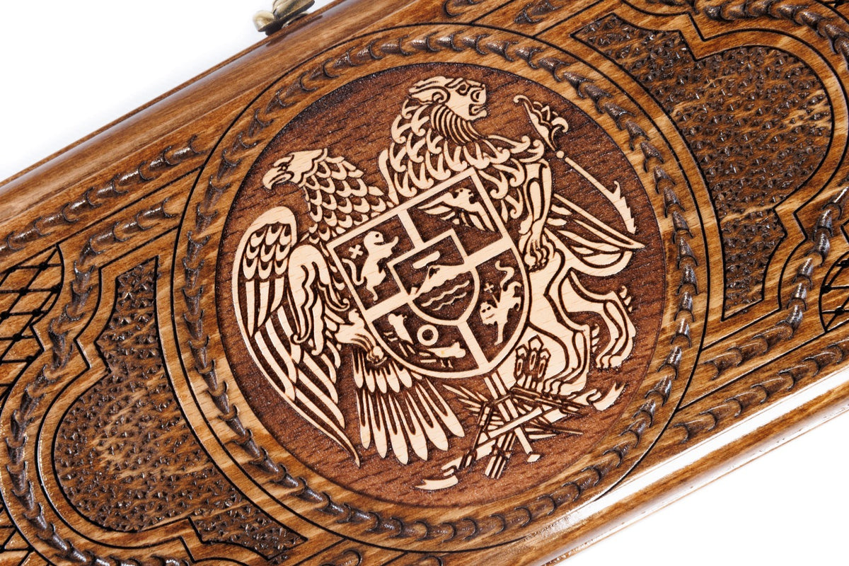 Handmade Wooden Backgammon Set with Armenian Coat of Arms, 30 cm - photo 2