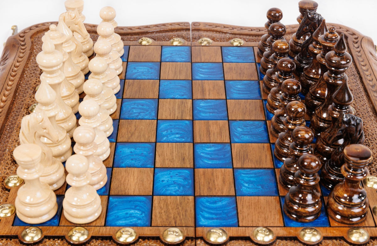 Juego de ajedrez y backgammon de nogal: incrustación de resina epoxi