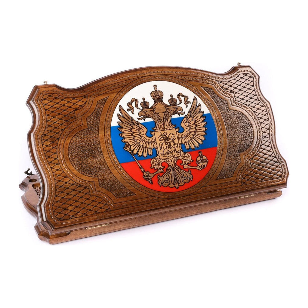 Handmade Walnut Backgammon Set with Russian Coat of Arms, 60 cm