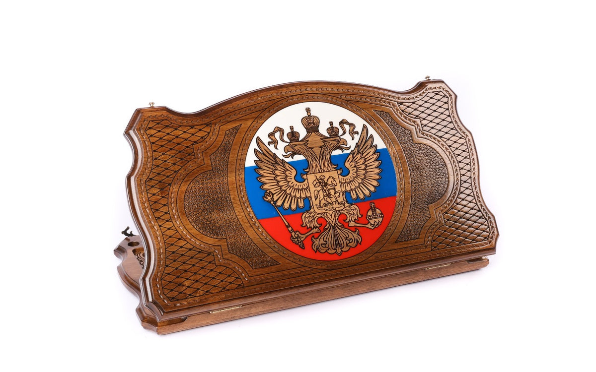 Handmade Walnut Backgammon Set with Russian Coat of Arms, 60 cm