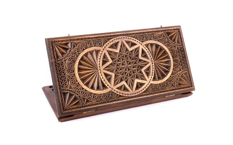 Handmade Walnut Backgammon Set with Geometric Pattern, 60 cm