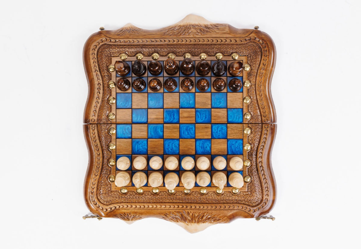 Juego de ajedrez y backgammon de nogal: incrustación de resina epoxi