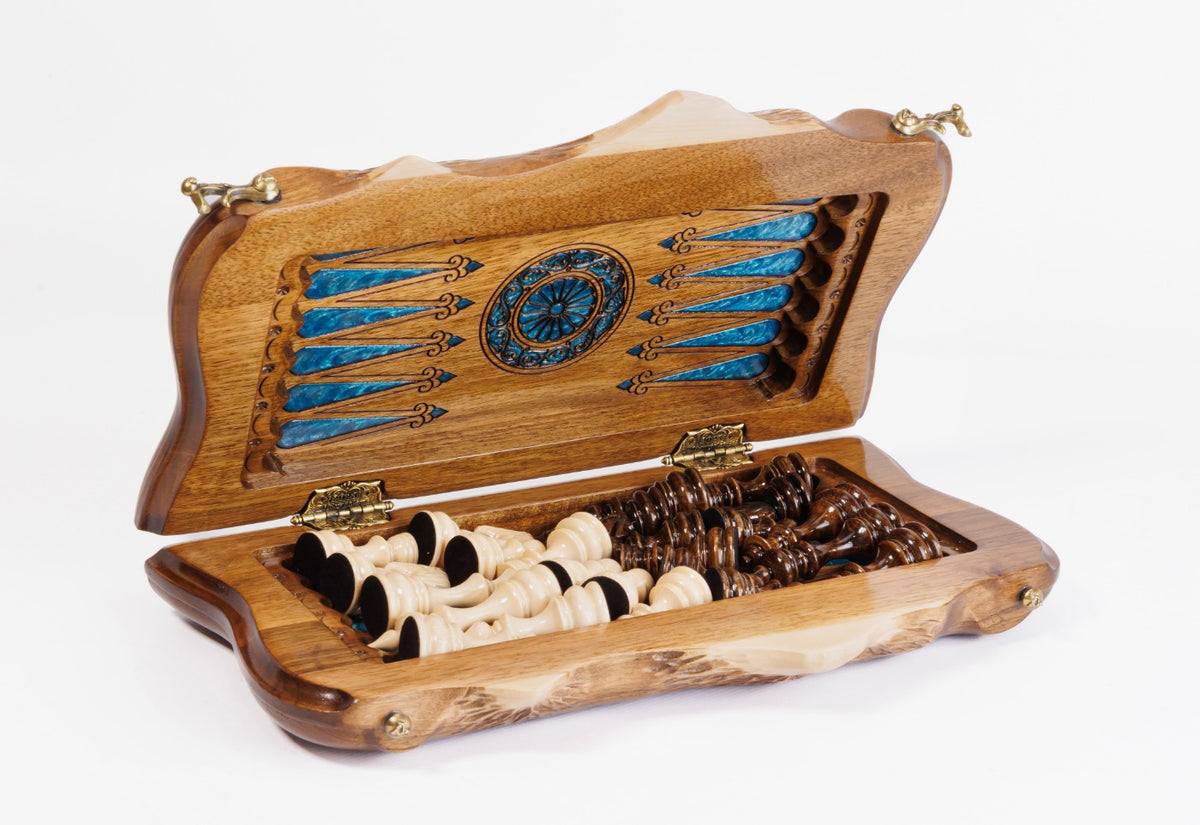 Walnut Chess and Backgammon Set: Epoxy Resin Inlay