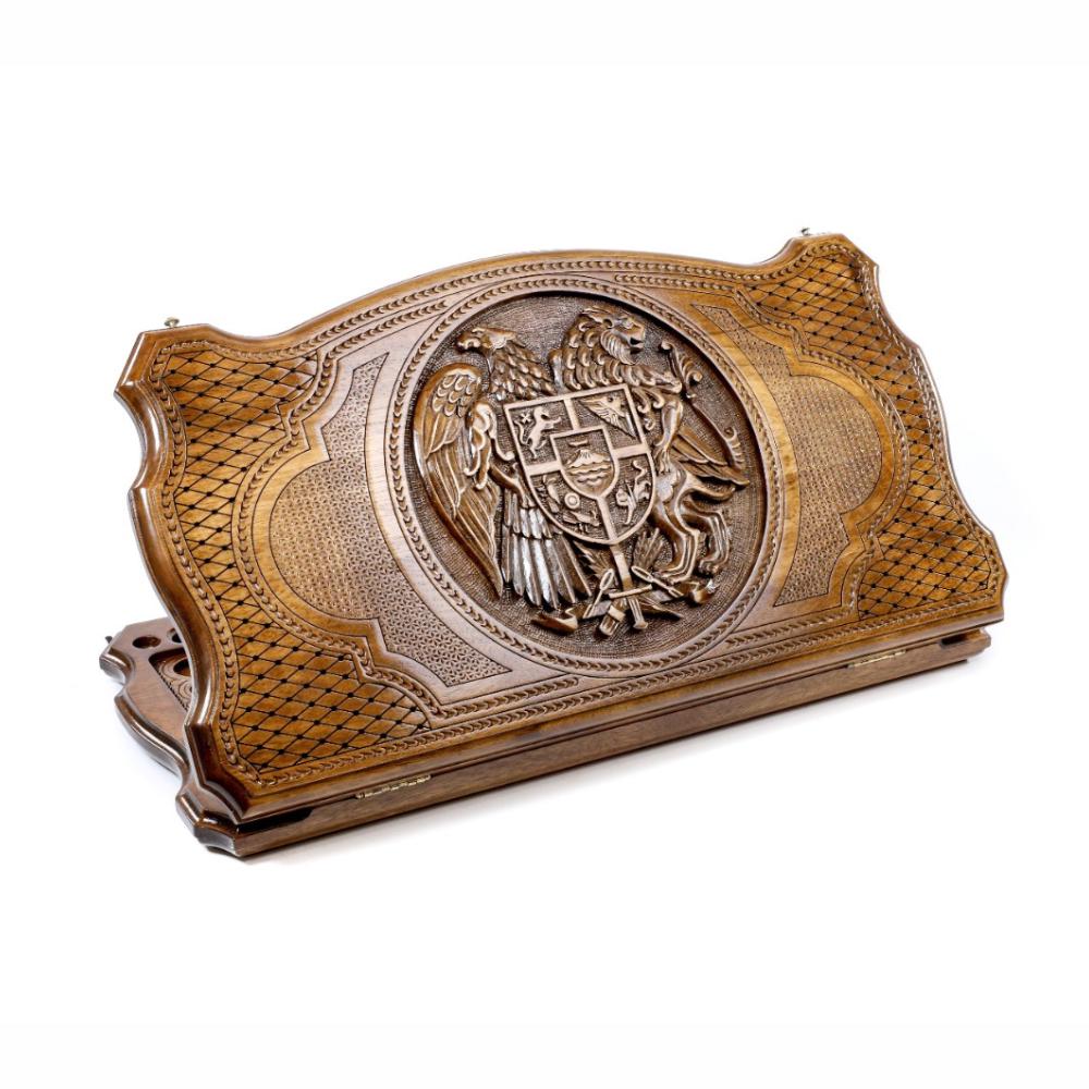 Walnut Backgammon Set with Armenian Coat of Arms, 60 cm (Model 12319)