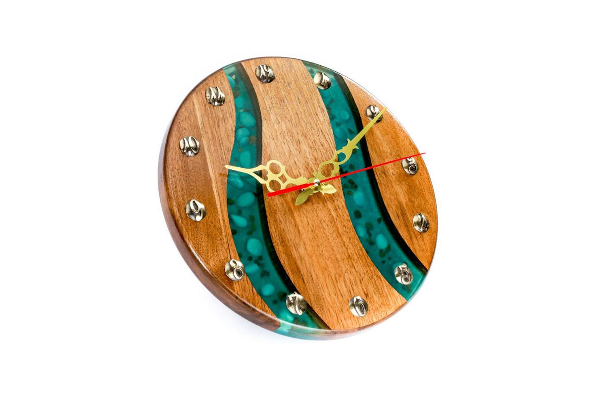 Walnut Wall Clock with Teal Epoxy River (Model 41328stone)