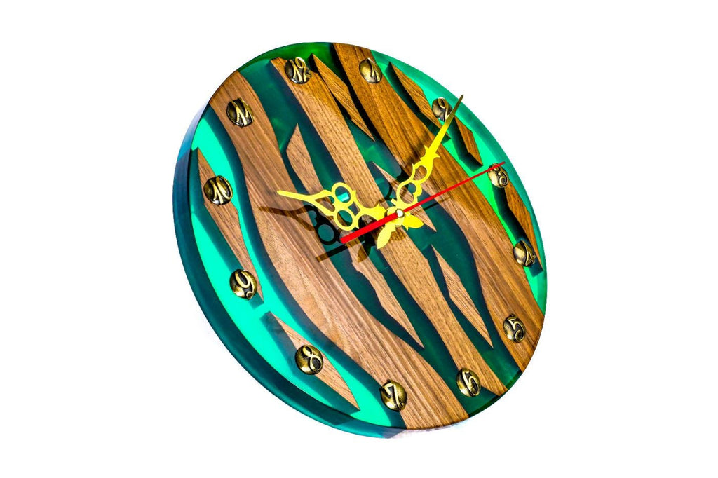Walnut Wall Clock with Emerald Epoxy (Model 41328)