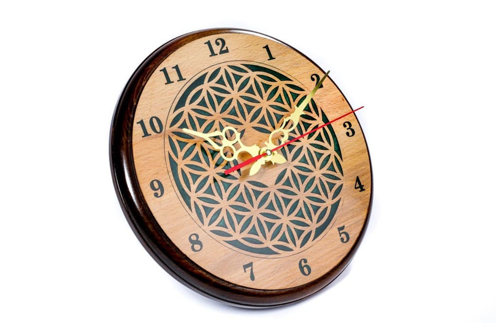 Wooden Wall Clock with Armenian Ornament & Green Epoxy (Model 41321-3)