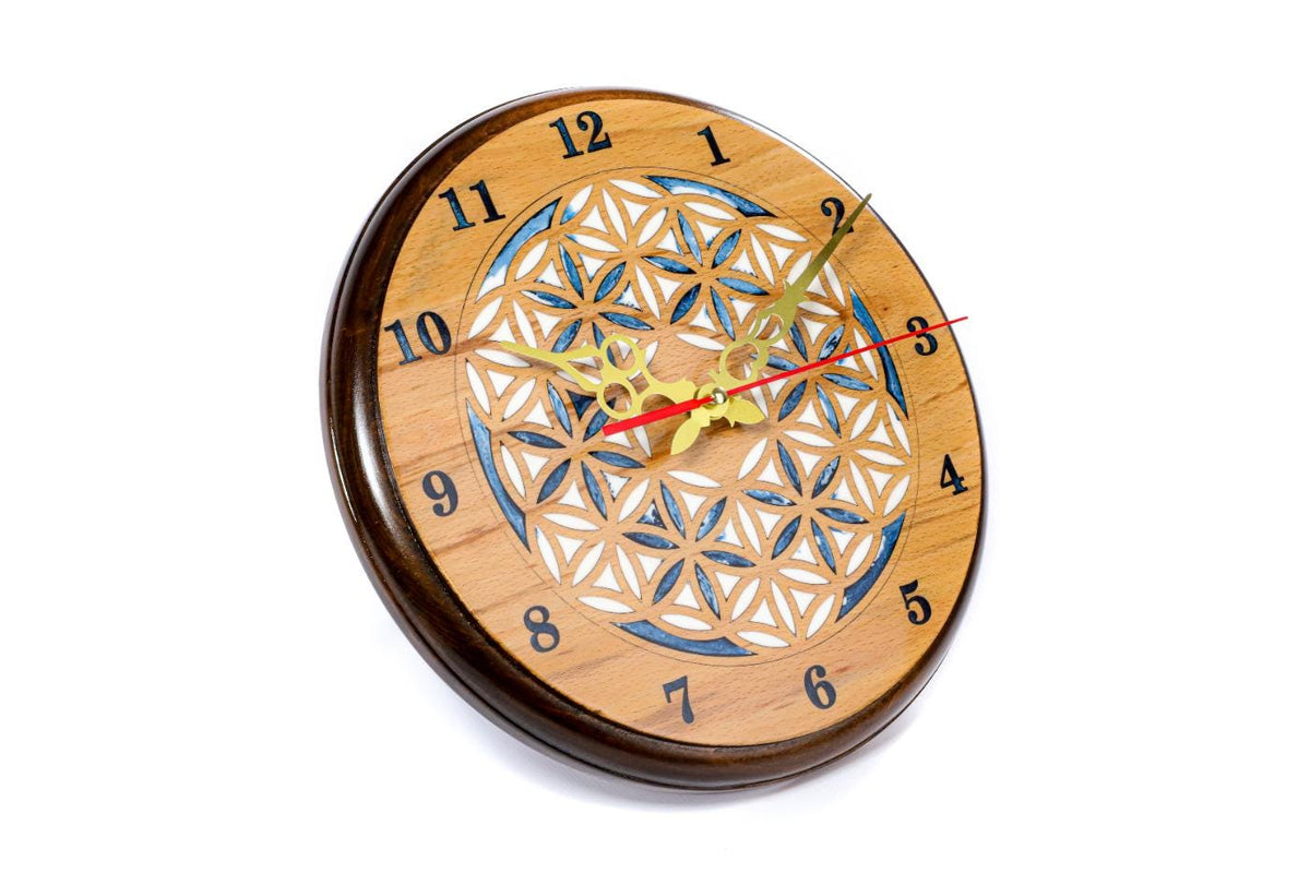 Wooden Wall Clock with Armenian Ornament & Blue Epoxy (Model 41321)