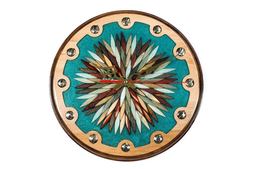 Wooden Wall Clock with Ornamental Starburst & Turquoise Epoxy, 30 cm – photo 3