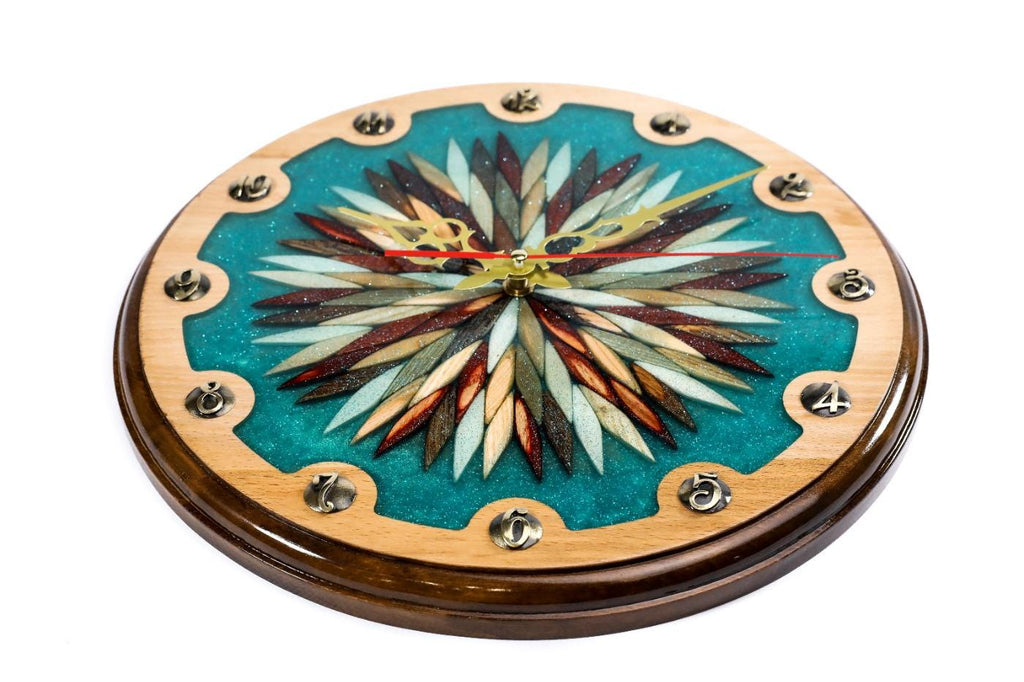 Wooden Wall Clock with Ornamental Starburst & Turquoise Epoxy, 30 cm – photo 4