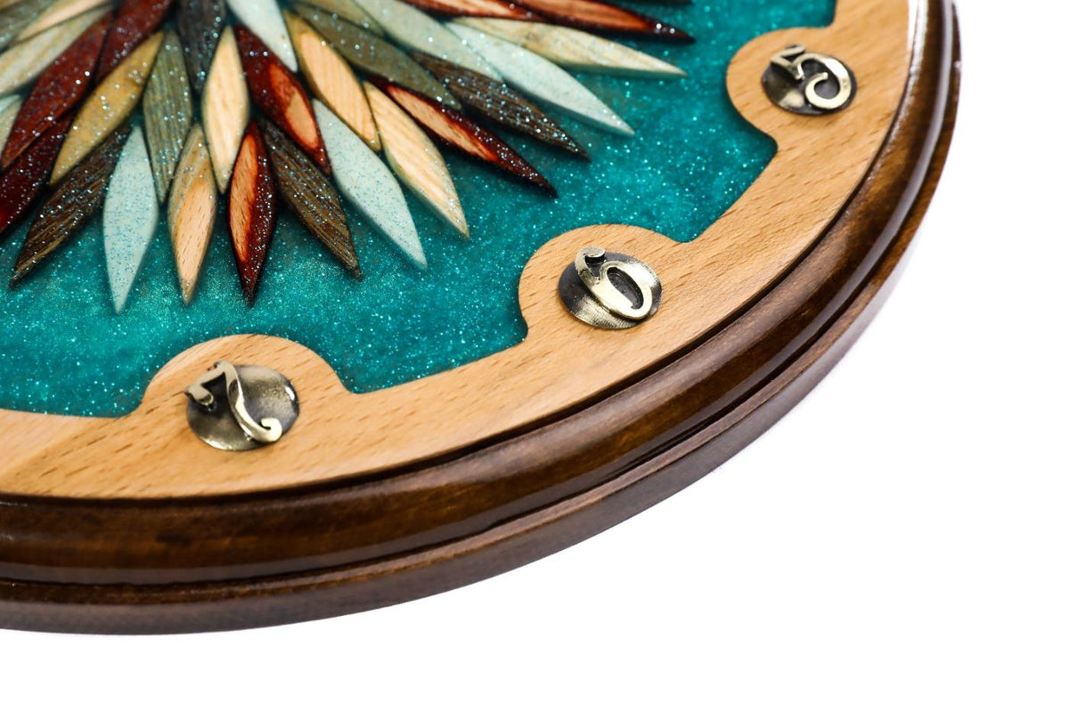 Wooden Wall Clock with Ornamental Starburst & Turquoise Epoxy, 30 cm – photo 6