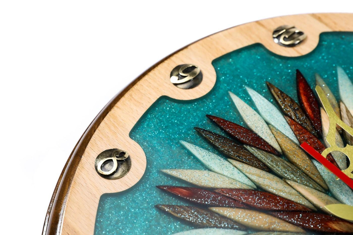 Wooden Wall Clock with Ornamental Starburst & Turquoise Epoxy, 30 cm – photo 7