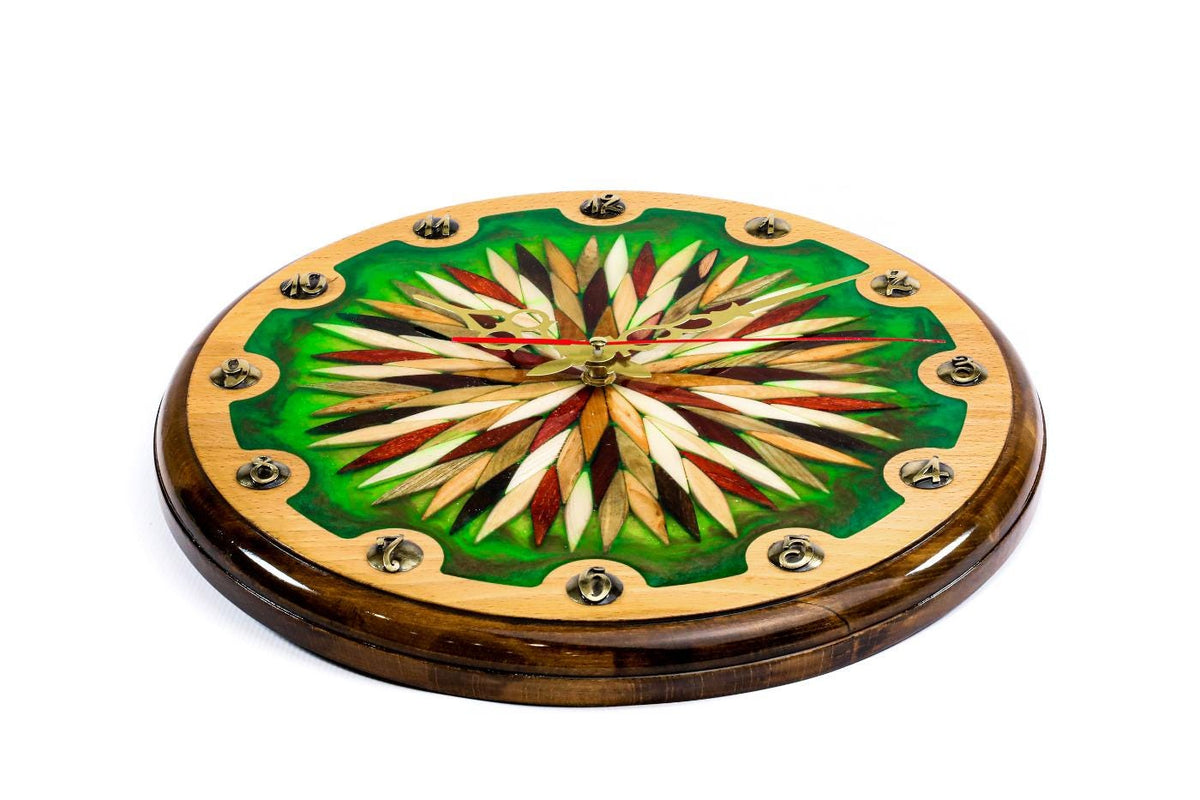 Wooden Wall Clock with Ornamental Starburst & Green Epoxy, 35 cm – photo 4